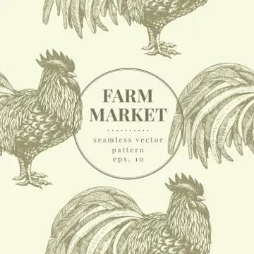 Seamless farm vector pattern. Graphical rooster silhouette, hand drawn vintage Stock Illustration