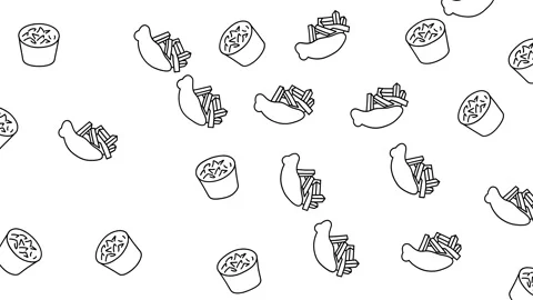 Seamless Fast Food Pattern Background Loop with Burger Pizza and French Fries Stock Footage 346186074