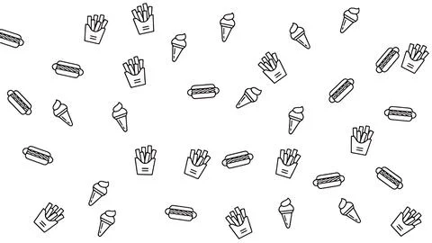 Seamless fast food pattern with black outline icons of hot dogs, french fri.. Stock Illustration