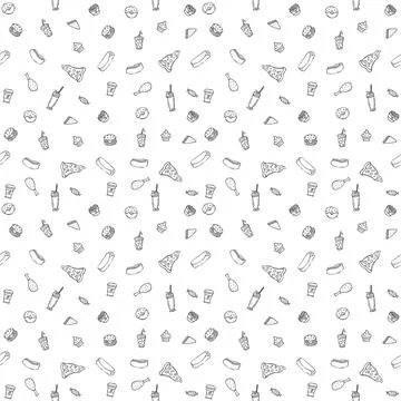 Seamless fast food pattern. fast food background. Doodle fastfood icons Stock Illustration
