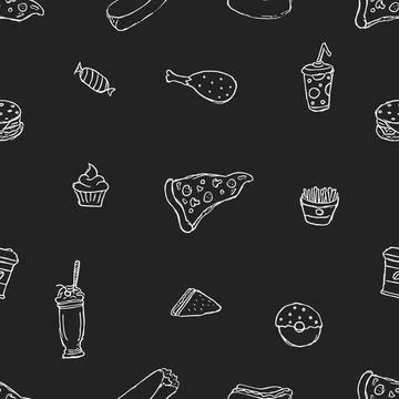 Seamless fast food pattern. fast food background. Doodle fastfood icons Stock Illustration