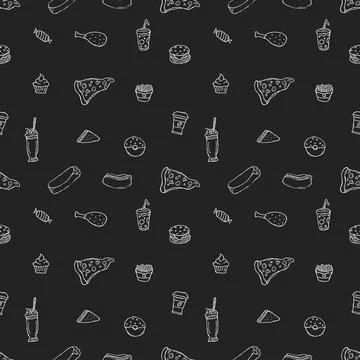 Seamless fast food pattern. fast food background. Doodle fastfood icons Stock Illustration