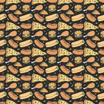 Seamless fast food pattern. fast food background. Doodle fastfood icons Stock Illustration