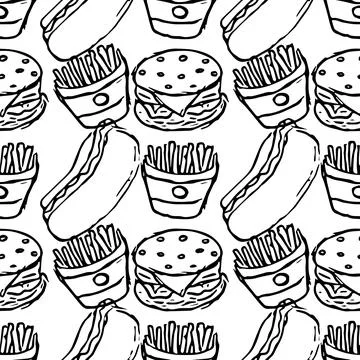 Seamless fast food pattern. fast food background. Doodle fastfood icons Stock Illustration