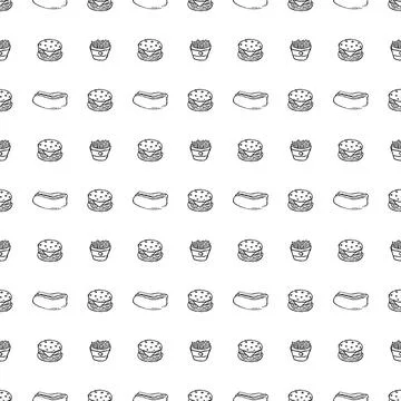 Seamless fast food pattern. fast food background. Doodle fastfood icons Stock Illustration