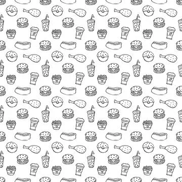 Seamless fast food pattern. fast food background. Doodle fastfood icons Stock Illustration