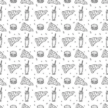Seamless fast food pattern. fast food background. Doodle fastfood icons Stock Illustration