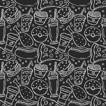 Seamless fast food pattern. fast food background. Doodle fastfood icons Stock Illustration