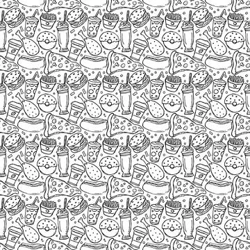 Seamless fast food pattern. fast food background. Doodle fastfood icons Stock Illustration
