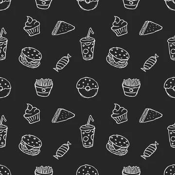 Seamless fast food pattern. fast food background. Doodle fastfood icons Stock Illustration