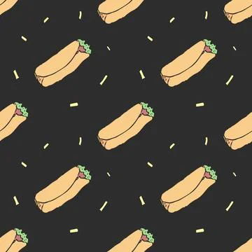 Seamless fast food pattern. fast food background. Doodle fastfood icons Stock Illustration