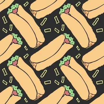 Seamless fast food pattern. fast food background. Doodle fastfood icons Stock Illustration