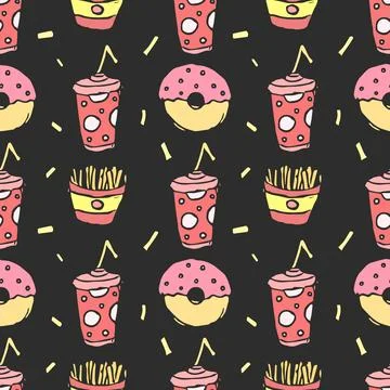 Seamless fast food pattern. fast food background. Doodle fastfood icons Stock Illustration