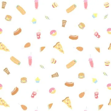 Seamless fast food pattern. fast food background. Doodle fastfood icons Stock Illustration