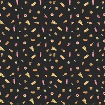 Seamless fast food pattern. fast food background. Doodle fastfood icons Stock Illustration