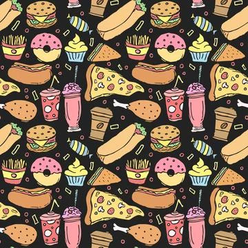 Seamless fast food pattern. fast food background. Doodle fastfood icons Stock Illustration
