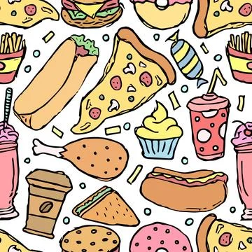 Seamless fast food pattern. fast food background. Doodle fastfood icons Stock Illustration