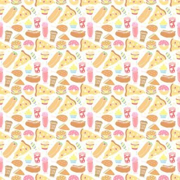 Seamless fast food pattern. fast food background. Doodle fastfood icons 스톡 일러스트