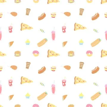 Seamless fast food pattern. fast food background. Doodle fastfood icons Stockillustratie