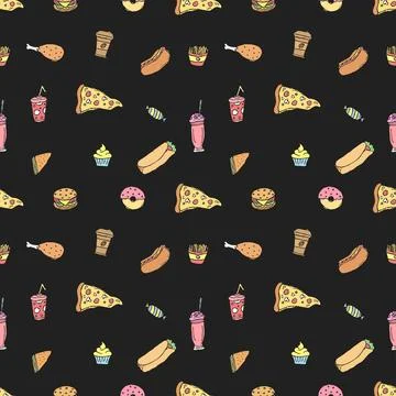 Seamless fast food pattern. fast food background. Doodle fastfood icons Stock Illustration