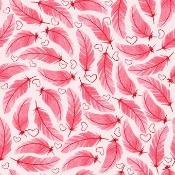 Seamless feather pattern for valentines day. Watercolor background for design Stock Illustration
