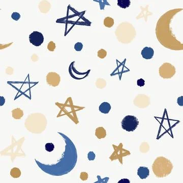 Seamless festive backdrop with moon, stars and doodles Stock Illustration