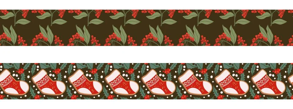 Seamless festive border pattern with gingerbread cookies, winter, holly berry イラスト素材