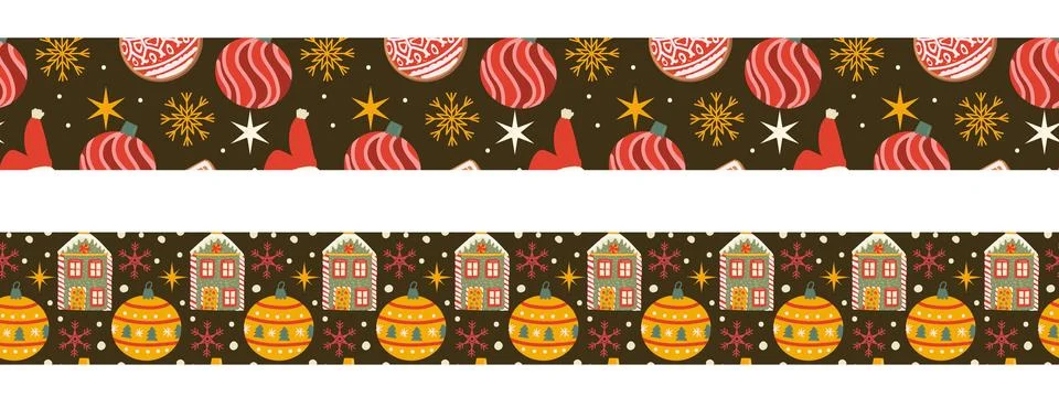 Seamless festive border pattern with gingerbread houses, ornaments, and holid Stock Illustration