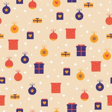 Seamless festive christmas background with tree decorations, gift boxes, stars Stock Illustration