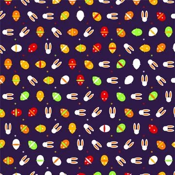 Seamless festive Easter background pattern featuring colorful eggs and cute.. Stock Illustration