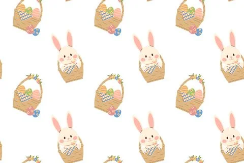 Seamless festive Easter pattern. Spring illustration of a bunny, basket, an.. Stock Illustration