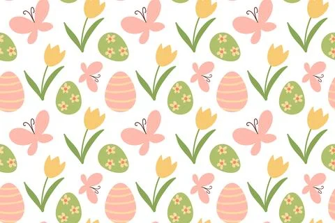 Seamless festive Easter pattern. Spring illustration of a bunny, basket, an.. Stock Illustration