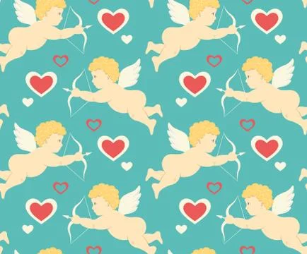 Seamless Festive Love Pattern with Cupid and Hearts on Blue Illustrazione stock