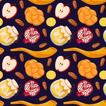 Seamless festive pattern with apple, honey jar, challah bread, pomegranate Illustrazione stock