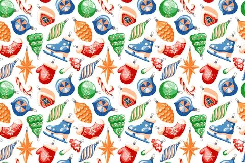 Seamless festive pattern with Christmas tree toy ornament mitten, skates, star Stock Illustration