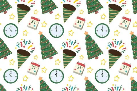Seamless festive pattern with a Christmas tree, firecrackers, and garlands. Stock Illustration
