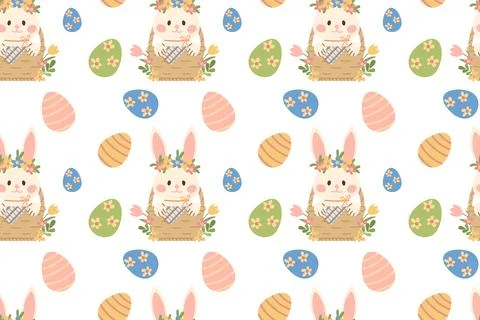 Seamless festive pattern with a cute bunny in a basket and Easter eggs. Child 스톡 일러스트