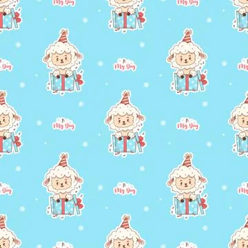 Seamless Festive pattern Cute Sheep in Birthday Cap In Gift Box on blue bac.. Illustrazione stock