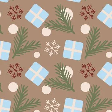 Seamless festive pattern featuring branches, snowflakes, gift boxes, and deco Stock Illustration