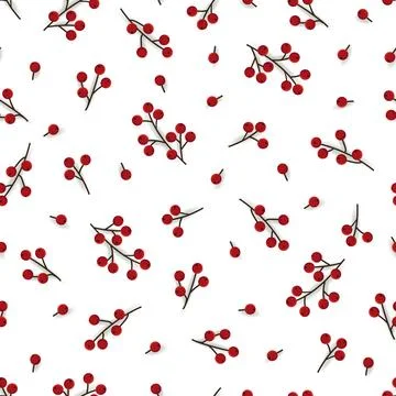 Seamless festive pattern with hand-drawn green branches and red berries on a Stock Illustration