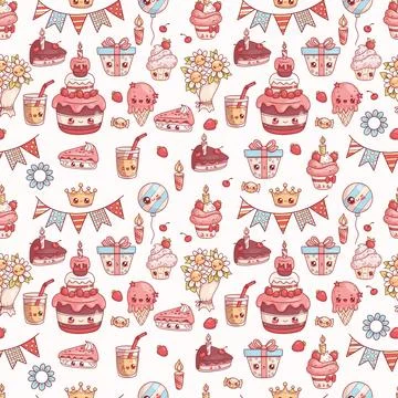 Seamless festive pattern. Holiday cute cartoon kawaii characters. Birthday .. Illustrazione stock