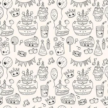 Seamless festive pattern. Holiday cute cartoon kawaii character. Birthday c.. Stock Illustration
