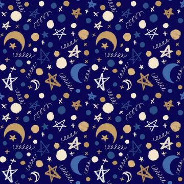Seamless festive pattern with moon, stars and doodles on a blue background Stock Illustration