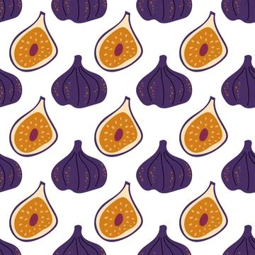 Seamless Fig Fruit Pattern with Whole and Sliced Figs on White Background Stock Illustration