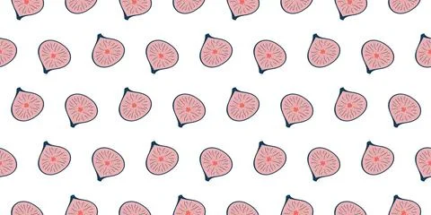 Seamless Fig Pattern with Pink and Navy Sliced Figs on White Background, Idea Illustrazione stock