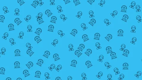 Seamless financial pattern with bank building and businessman icons on blue Stock Footage 345539058