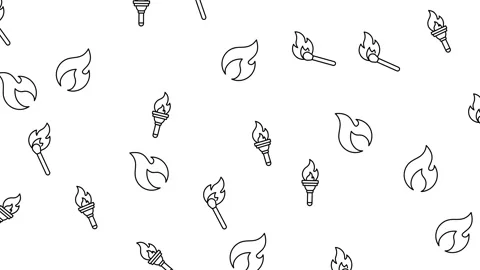 Seamless Fire Symbols Pattern with Torches Matchsticks and Flames Line Art Stock-Footage 345539313