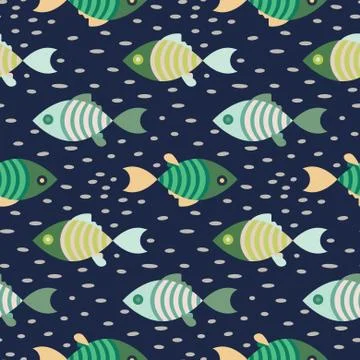Seamless fish marine pattern dark blue and green repeat background. Stock Illustration