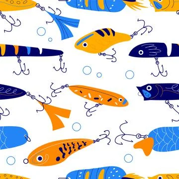 Seamless fishing bait pattern. Angling hobby accessories, plastic color elements Stock Illustration