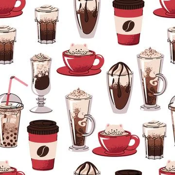 Seamless Flat Design Coffee Pattern. Variety of Coffee Drinks in Cups and Mugs Illustrazione stock